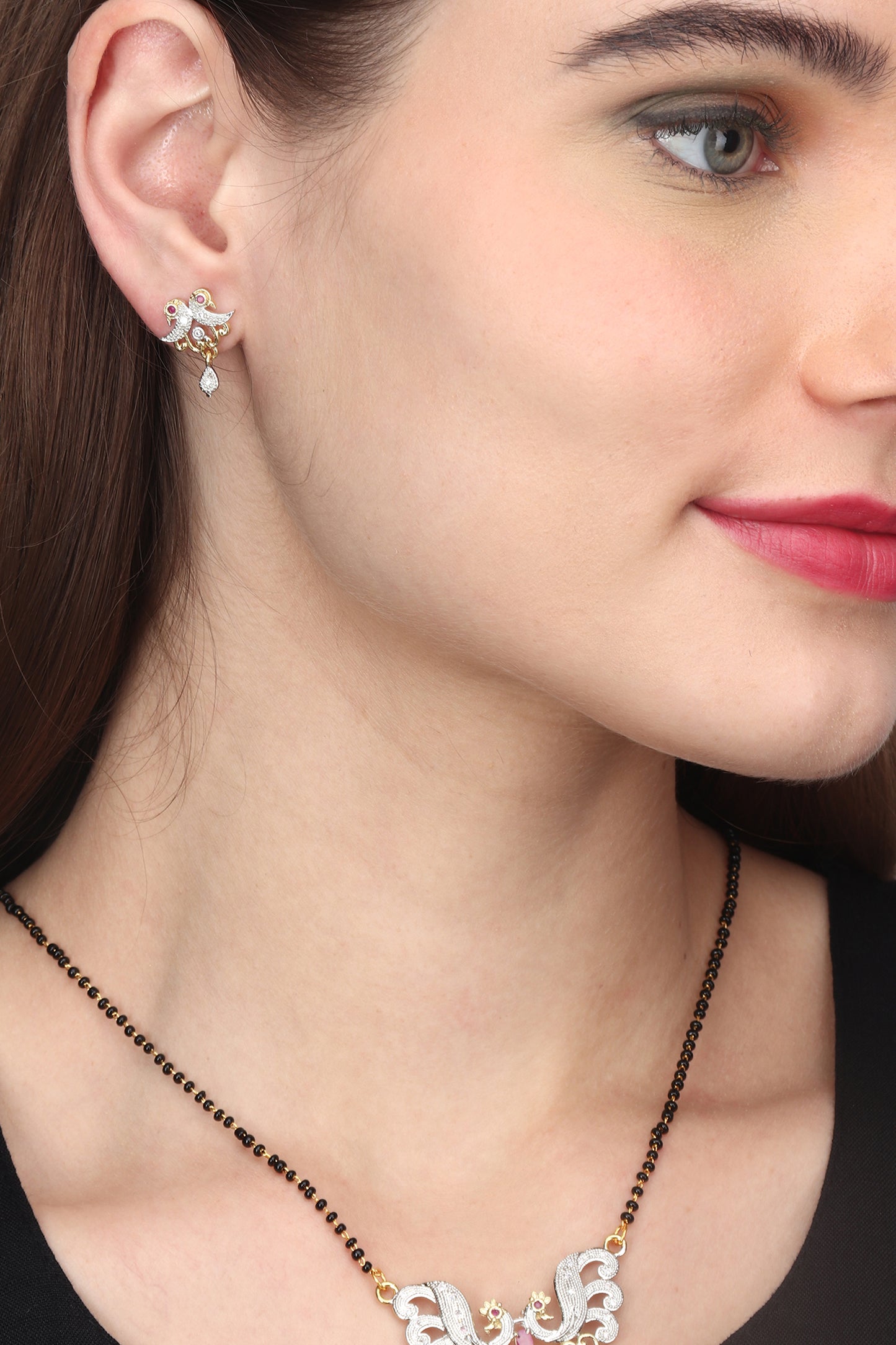 Gold Plated AD Mangalsutra Pendant and Earrings Set with Black Beads Chain