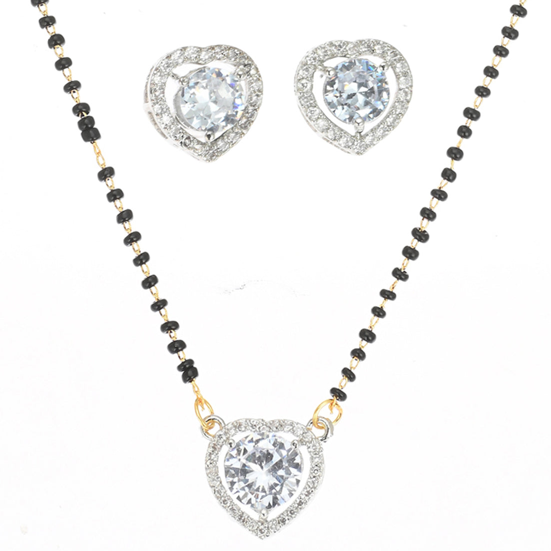 Gold Plated AD Mangalsutra Pendant and Earrings Set with Black Beads Chain