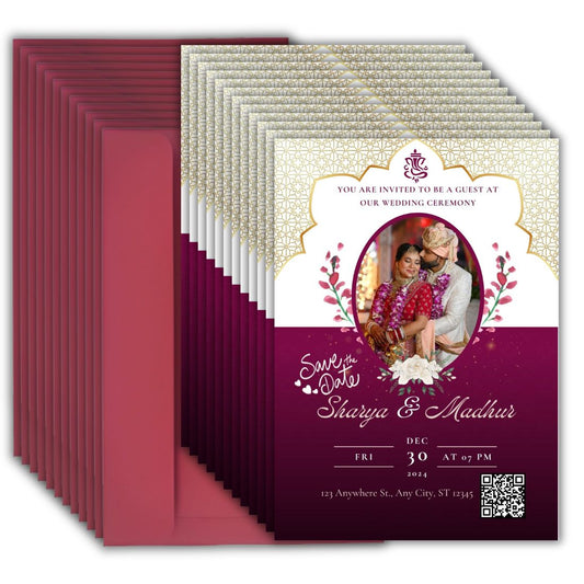 Wedding Invitation Card with Couple Photo | Customised Pack of 12 | One side Printed | Envelopes Included