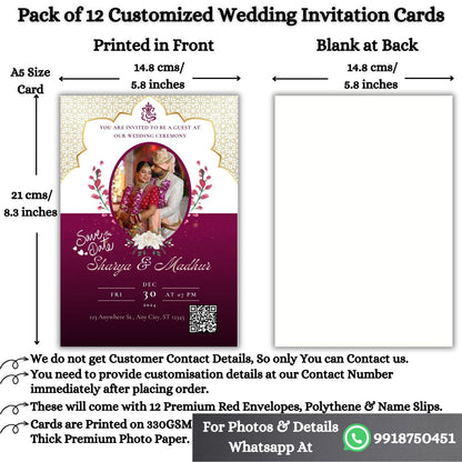 Wedding Invitation Card with Couple Photo | Customised Pack of 12 | One side Printed | Envelopes Included