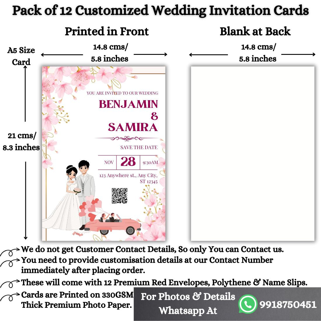 Wedding Invitation Cards with Envelopes | Customised Pack of 12 | One side Printed