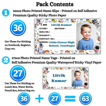 Kids Photo Name Slips & Tags | Pack of 63 | 36 Name Slips & 27 Tags