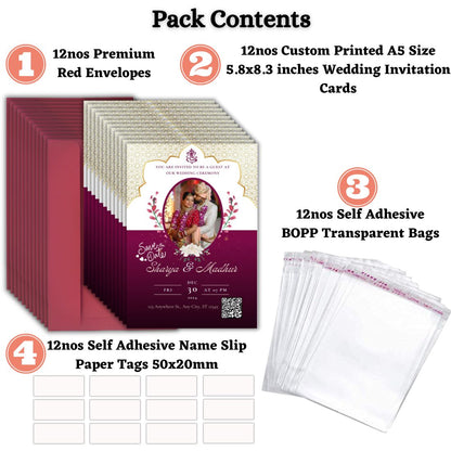 Wedding Invitation Card with Couple Photo | Customised Pack of 12 | One side Printed | Envelopes Included