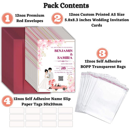 Wedding Invitation Cards with Envelopes | Customised Pack of 12 | One side Printed