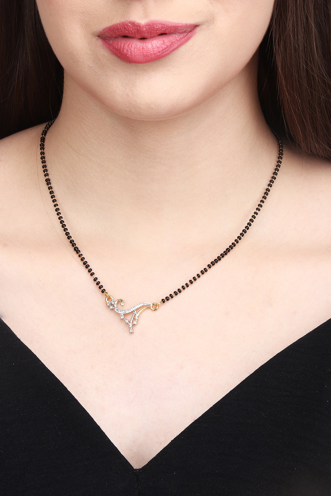 Gold Plated AD Mangalsutra with Black Beads