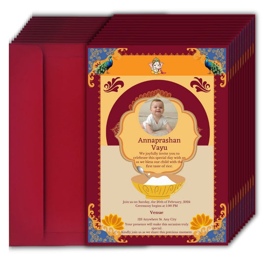 Customised Annaprashan Invitation Cards Pack of 12 , 5.8x8.3 Inch with Envelopes for Rice Ceremony
