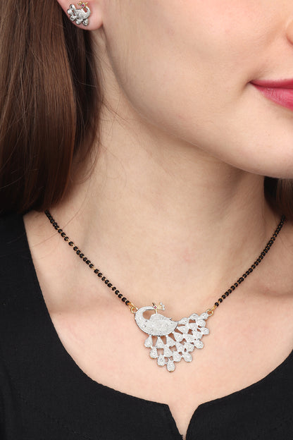 Gold Plated AD Mangalsutra Pendant and Earrings Set with Black Beads Chain