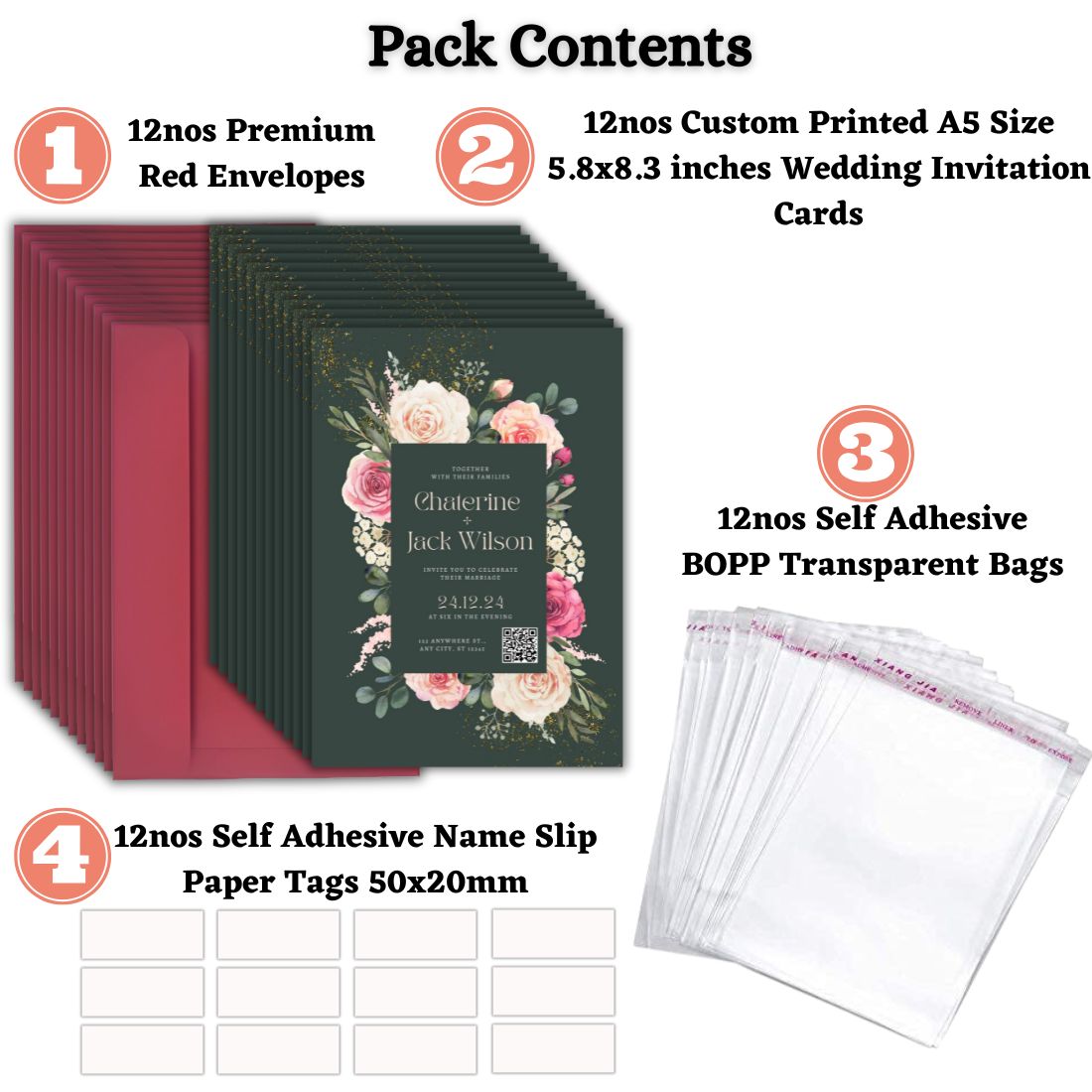 Wedding Invitation Cards with Envelopes | Customised Pack of 12 | One side Printed