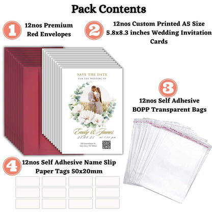 Wedding Invitation Card with Couple Photo | Customised Pack of 12 | One side Printed | Envelopes Included