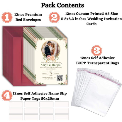 Wedding Invitation Card with Couple Photo | Customised Pack of 12 | One side Printed | Envelopes Included