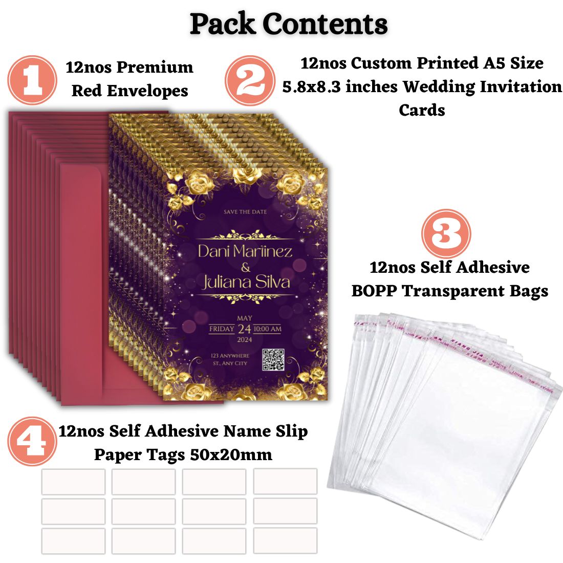 Wedding Invitation Cards with Envelopes | Customised Pack of 12 | One side Printed