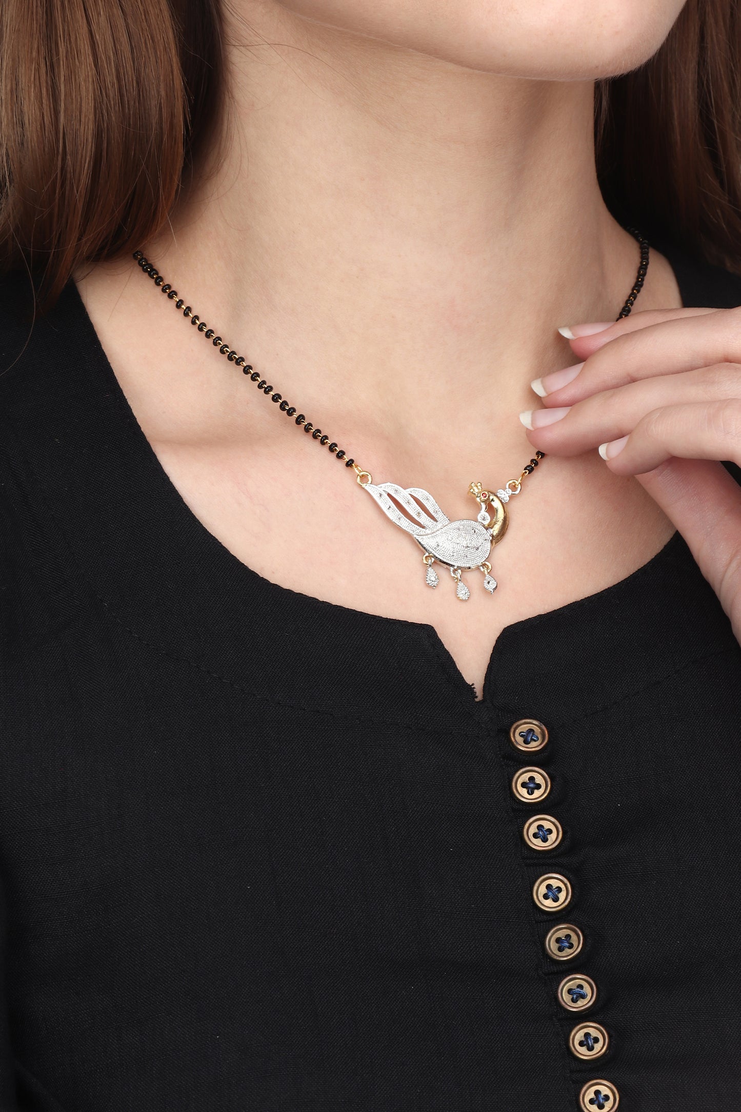 Gold Plated AD Mangalsutra Pendant and Earrings Set with Black Beads Chain