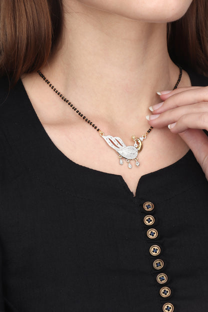 Gold Plated AD Mangalsutra Pendant and Earrings Set with Black Beads Chain