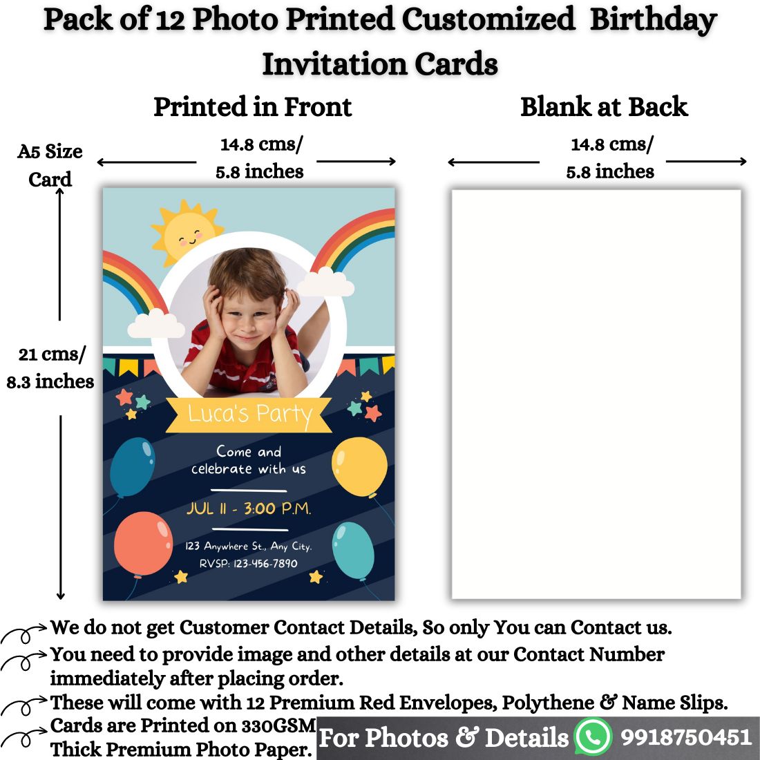 Custom Birthday Invitation Card for Kids with Envelopes | Pack of 12 | One side Printed