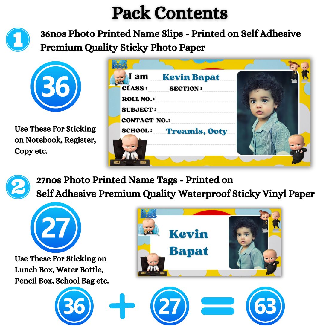 Kids Photo Name Slips & Tags | Pack of 63 | 36 Name Slips & 27 Tags