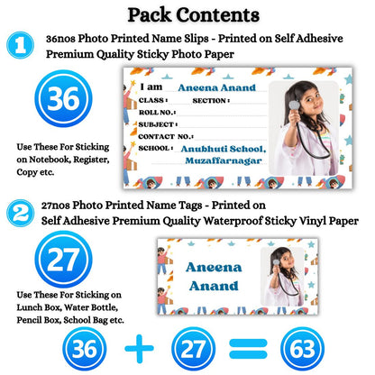 Kids Photo Name Slips & Tags | Pack of 63 | 36 Name Slips & 27 Tags