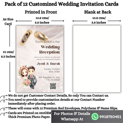 Wedding Invitation Cards with Envelopes | Customised Pack of 12 | One side Printed