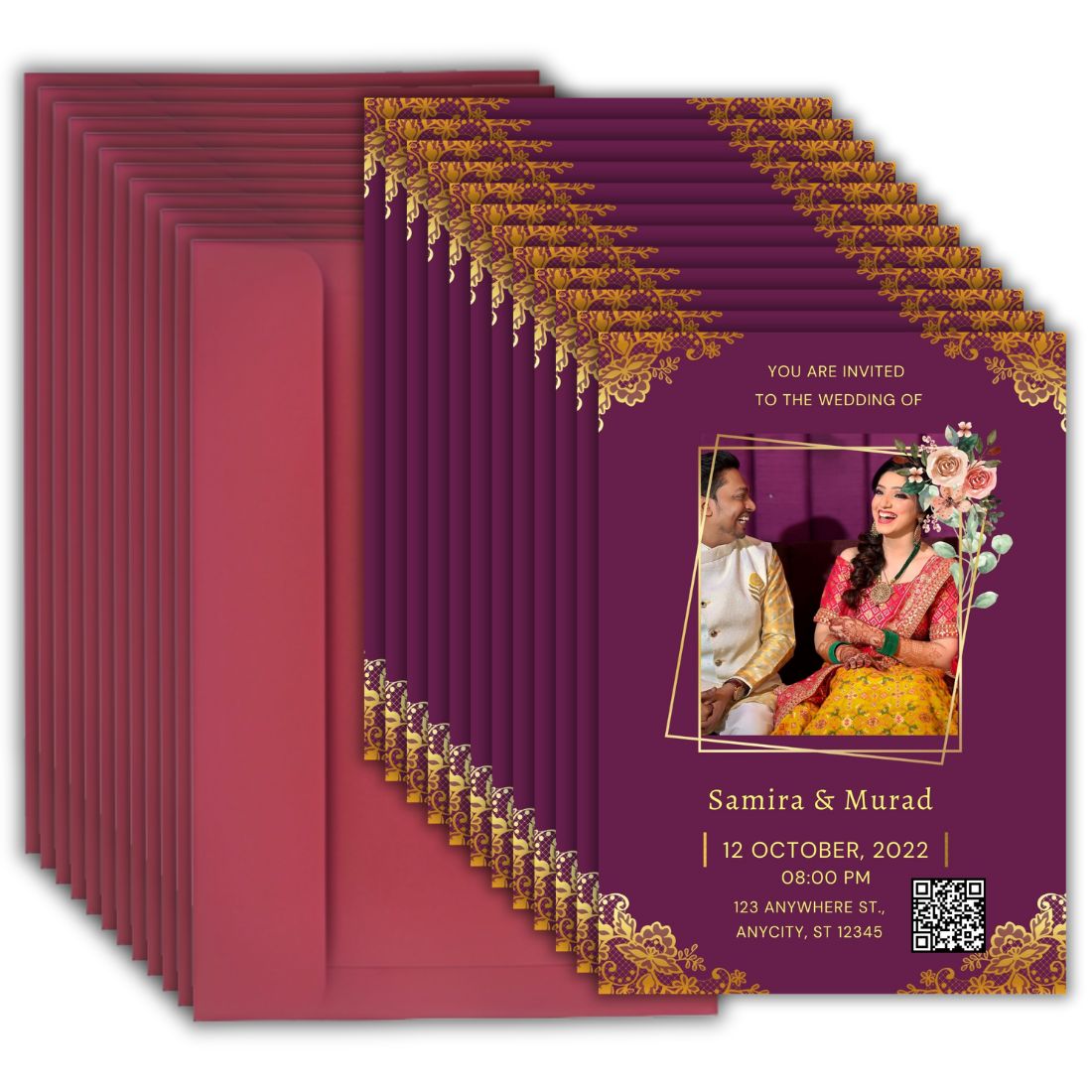 Wedding Invitation Card with Couple Photo | Customised Pack of 12 | One side Printed | Envelopes Included