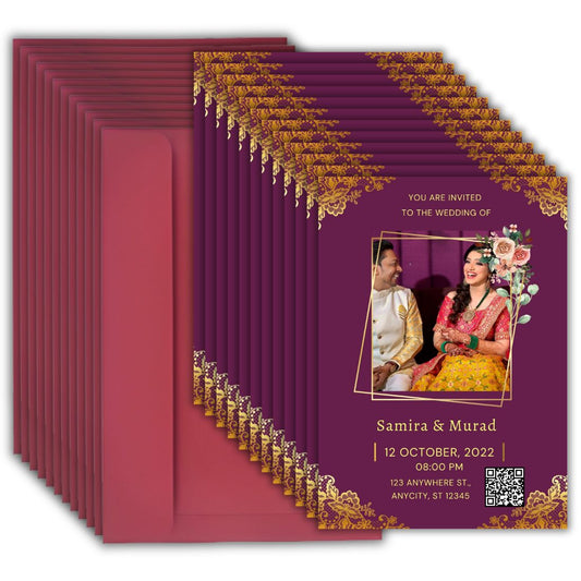 Wedding Invitation Card with Couple Photo | Customised Pack of 12 | One side Printed | Envelopes Included