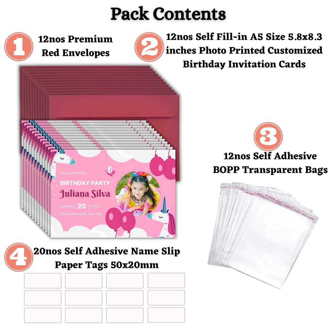 Custom Birthday Invitation Card for Kids with Envelopes | Pack of 12 | One side Printed