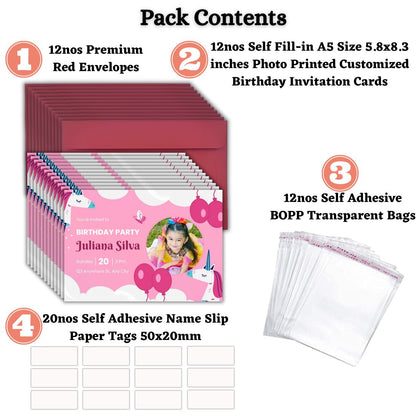 Custom Birthday Invitation Card for Kids with Envelopes | Pack of 12 | One side Printed