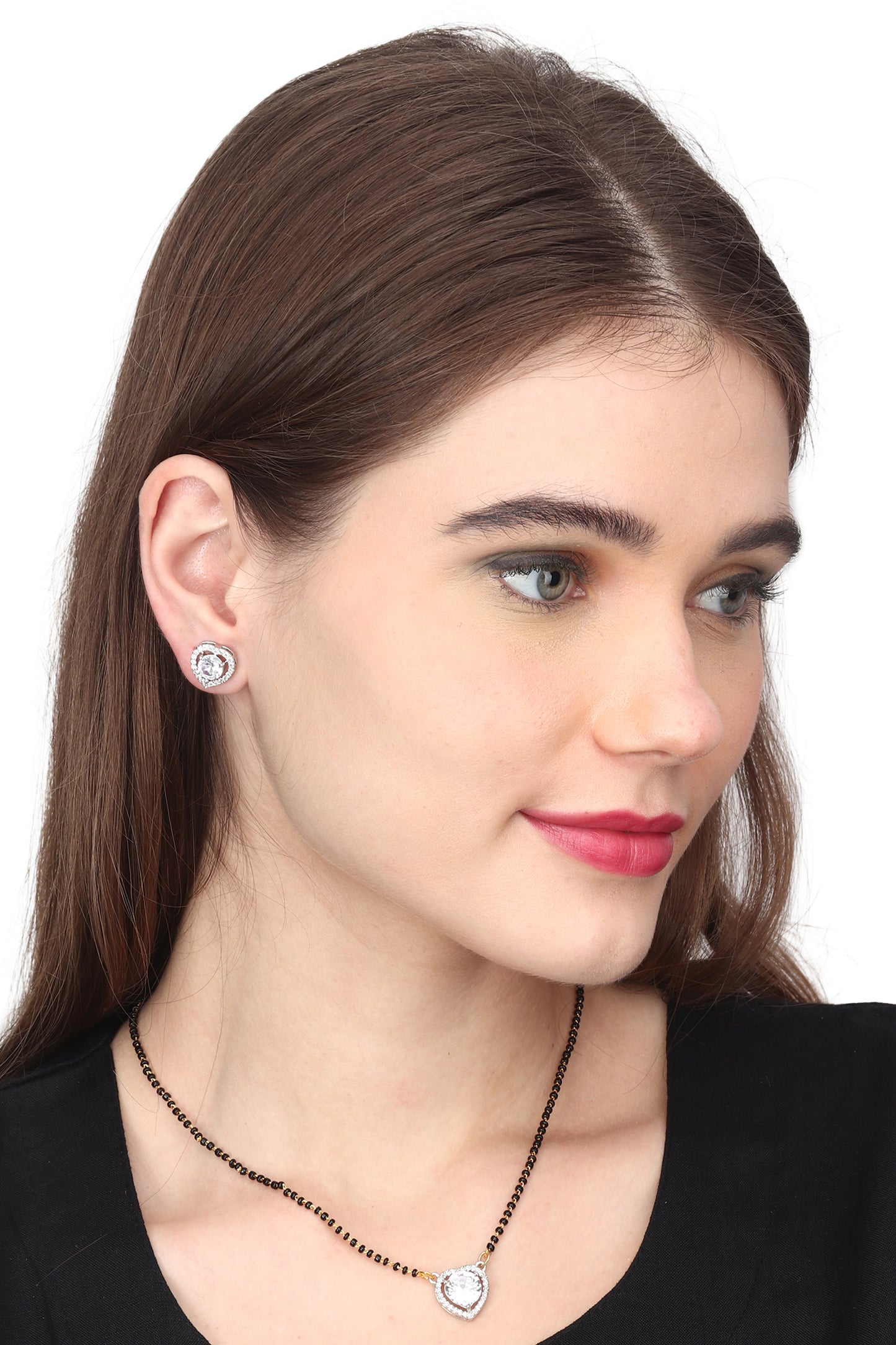 Gold Plated AD Mangalsutra Pendant and Earrings Set with Black Beads Chain