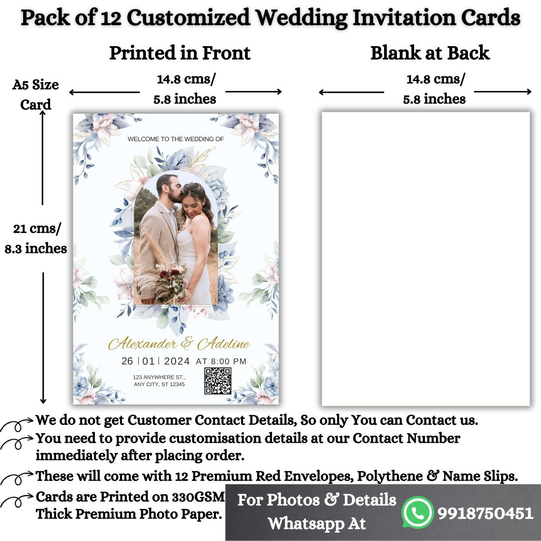 Wedding Invitation Card with Couple Photo | Customised Pack of 12 | One side Printed | Envelopes Included