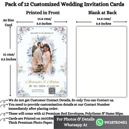 Wedding Invitation Card with Couple Photo | Customised Pack of 12 | One side Printed | Envelopes Included