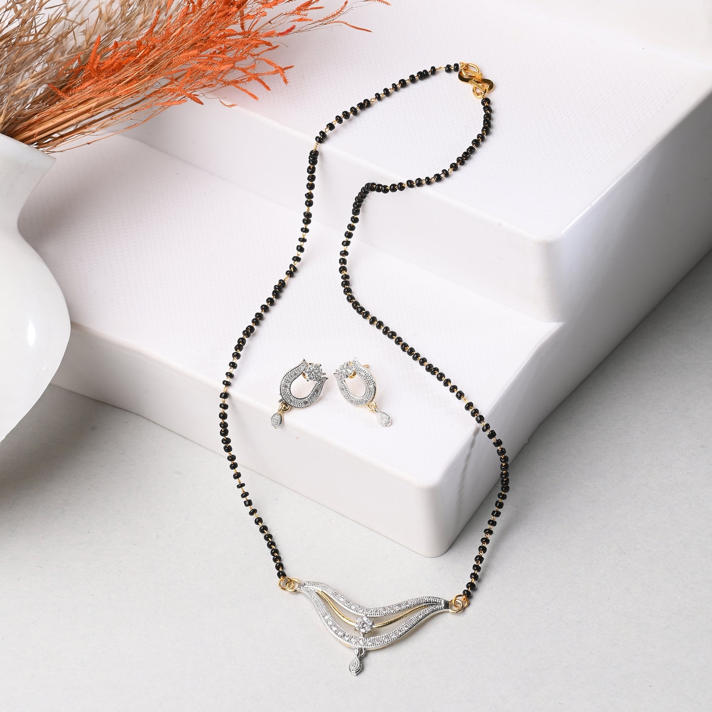 Gold Plated AD Mangalsutra Pendant and Earrings Set with Black Beads Chain