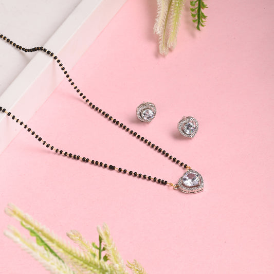 Gold Plated AD Mangalsutra Pendant and Earrings Set with Black Beads Chain