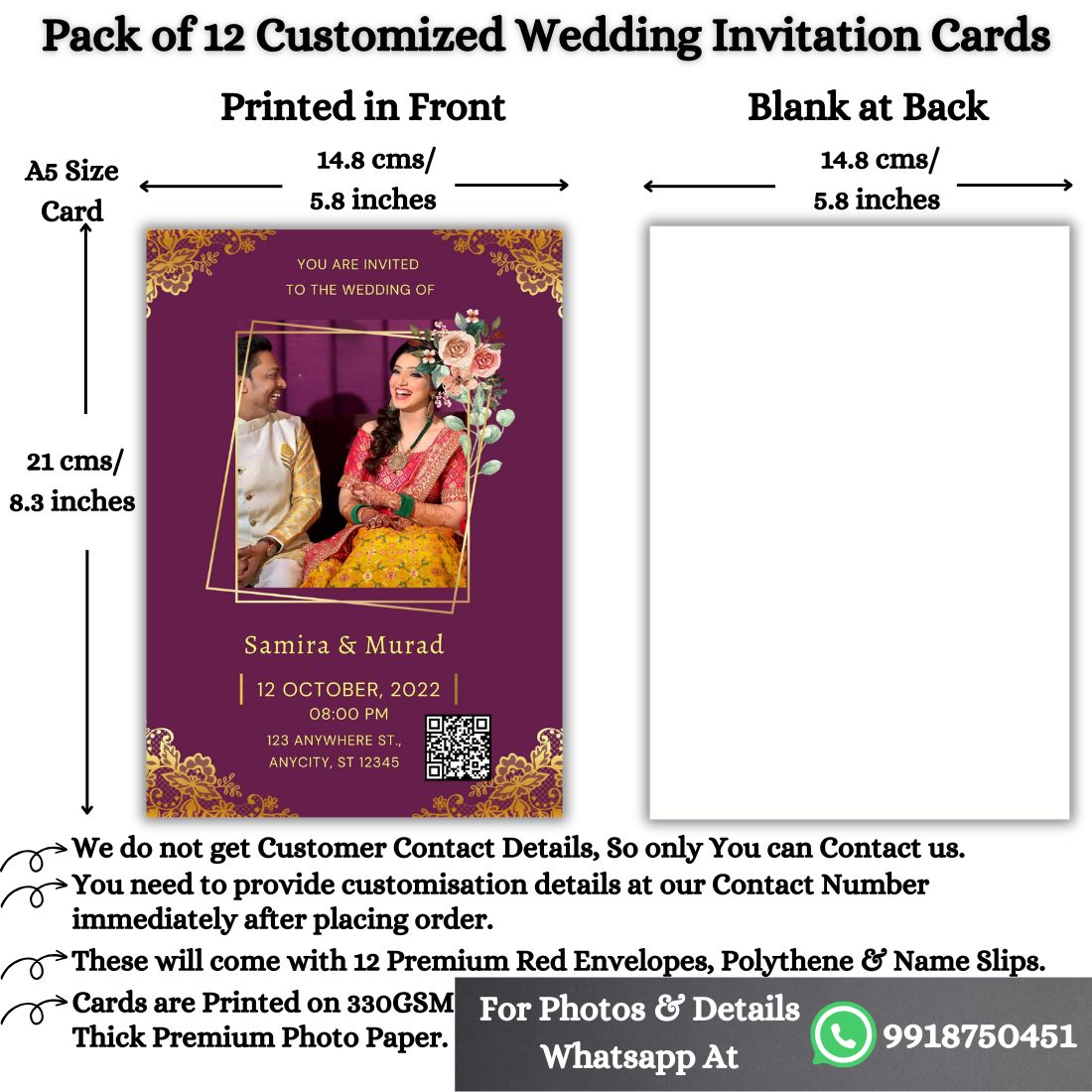Wedding Invitation Card with Couple Photo | Customised Pack of 12 | One side Printed | Envelopes Included