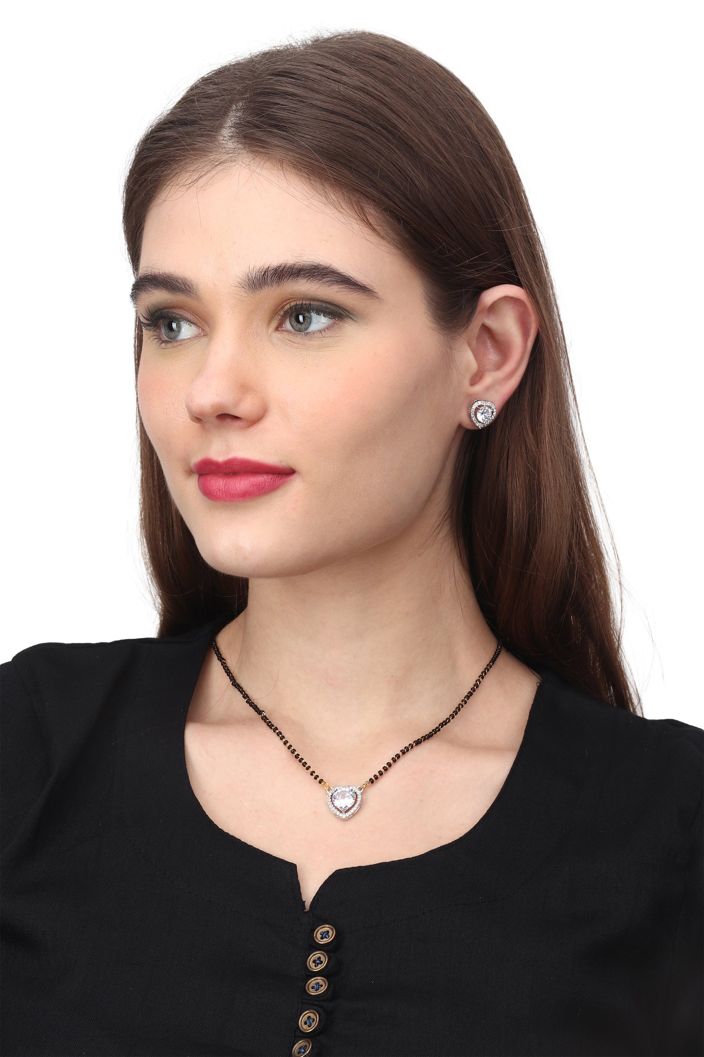 Gold Plated AD Mangalsutra Pendant and Earrings Set with Black Beads Chain