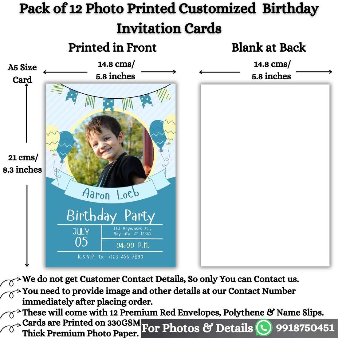 Custom Birthday Invitation Card for Kids with Envelopes | Pack of 12 | One side Printed