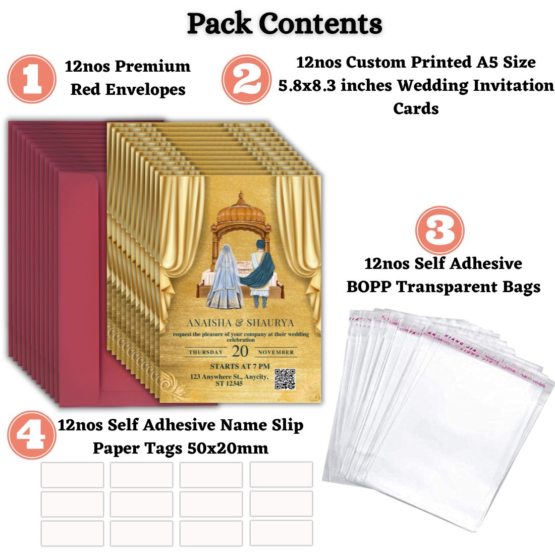 Wedding Invitation Cards with Envelopes | Customised Pack of 12 | One side Printed