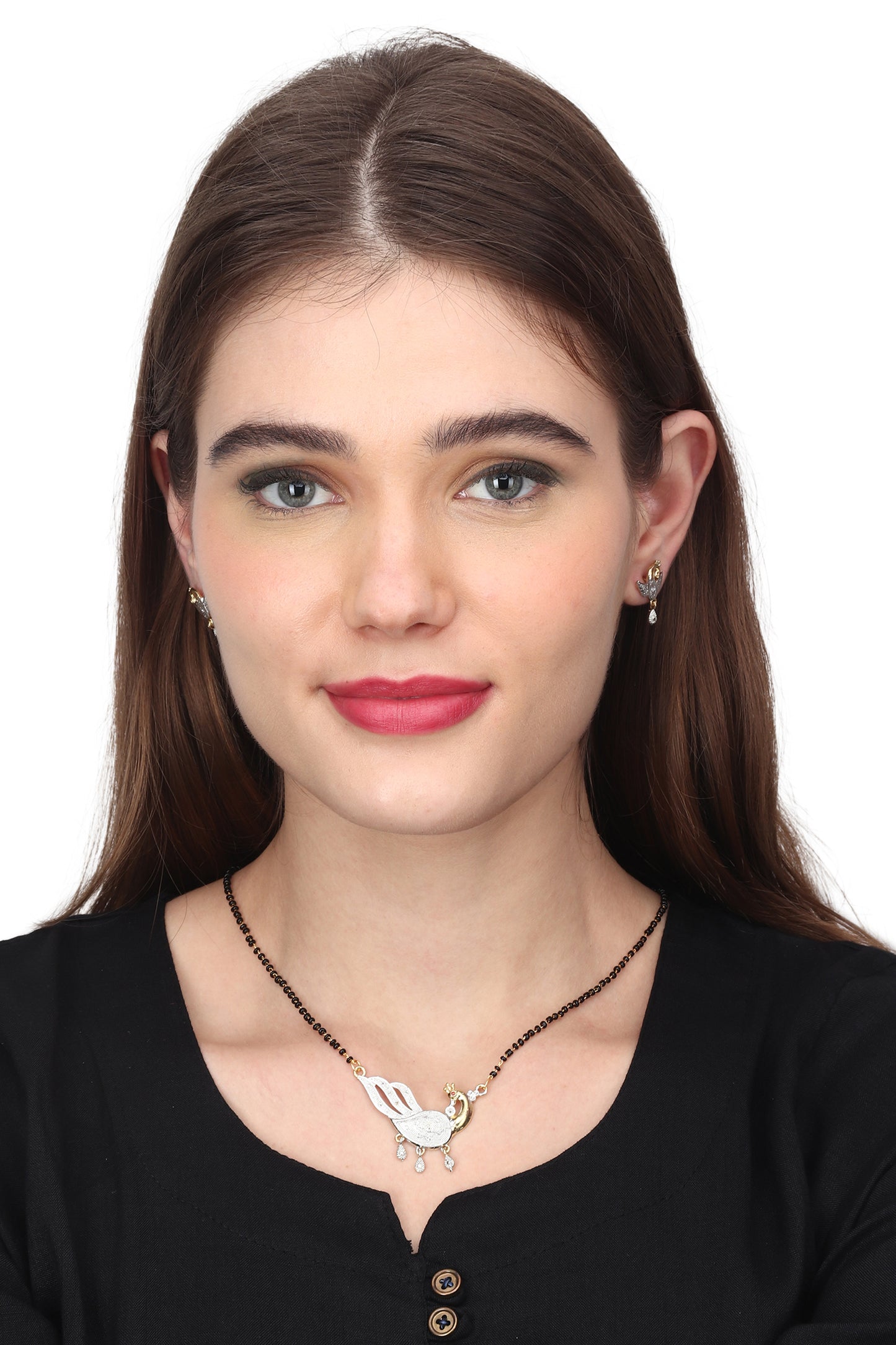 Gold Plated AD Mangalsutra Pendant and Earrings Set with Black Beads Chain