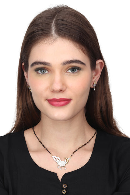 Gold Plated AD Mangalsutra Pendant and Earrings Set with Black Beads Chain