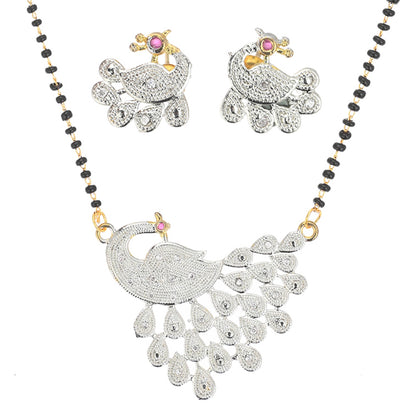 Gold Plated AD Mangalsutra Pendant and Earrings Set with Black Beads Chain