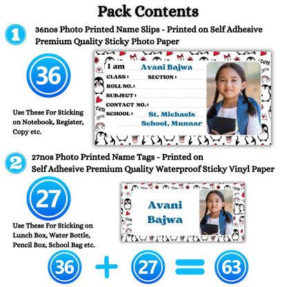Kids Photo Name Slips & Tags | Pack of 63 | 36 Name Slips & 27 Tags