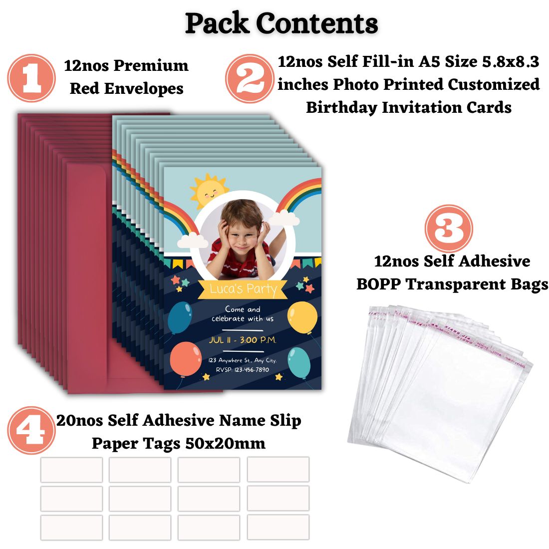 Custom Birthday Invitation Card for Kids with Envelopes | Pack of 12 | One side Printed