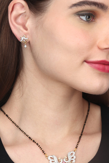 Gold Plated AD Mangalsutra Pendant and Earrings Set with Black Beads Chain