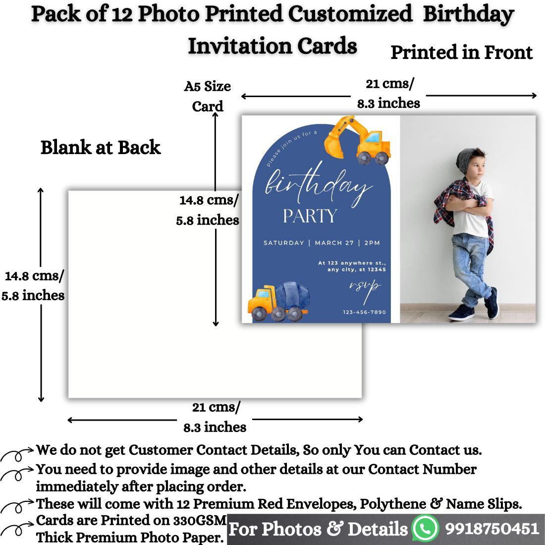 Custom Birthday Invitation Card for Kids with Envelopes | Pack of 12 | One side Printed