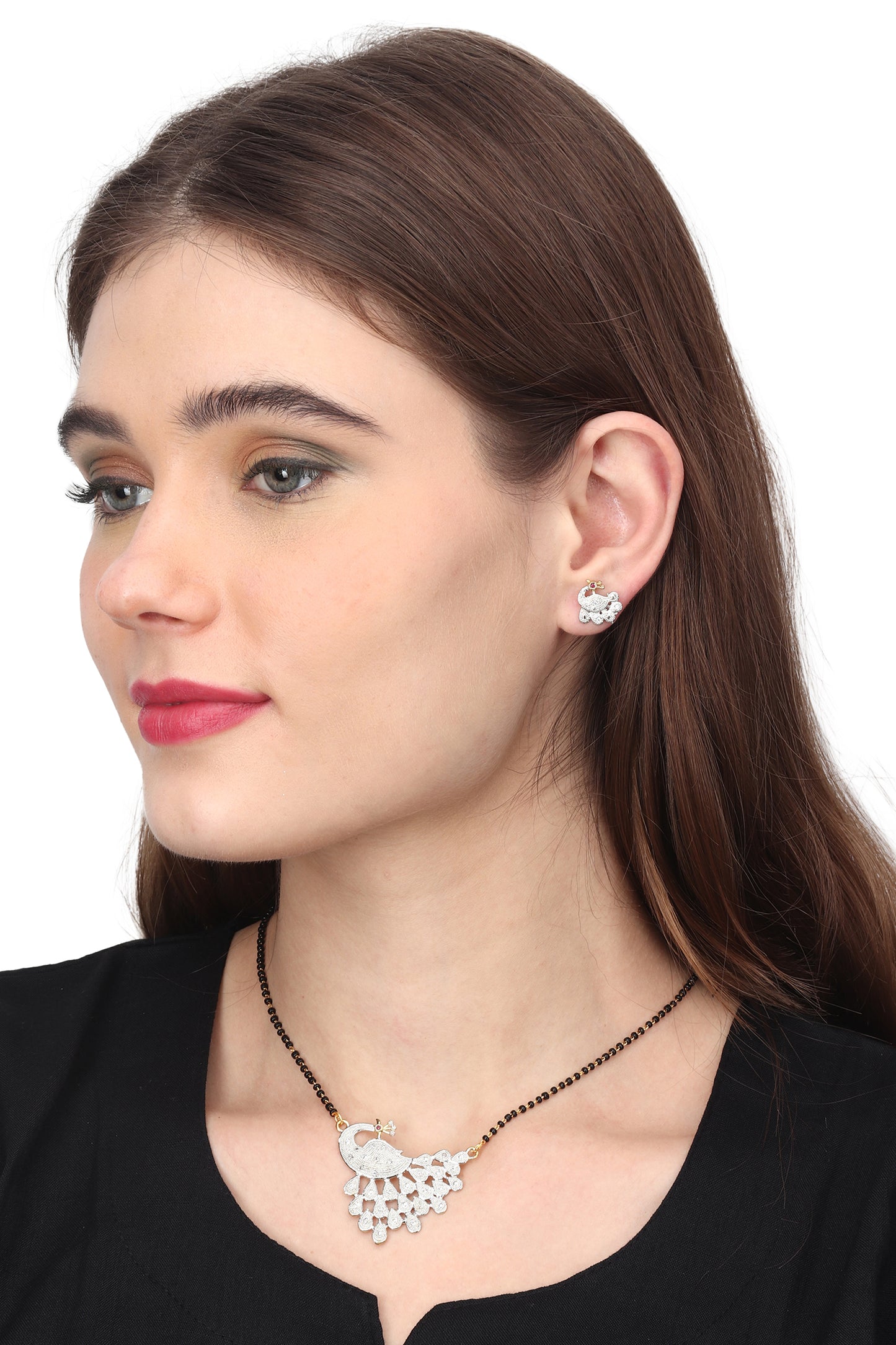 Gold Plated AD Mangalsutra Pendant and Earrings Set with Black Beads Chain