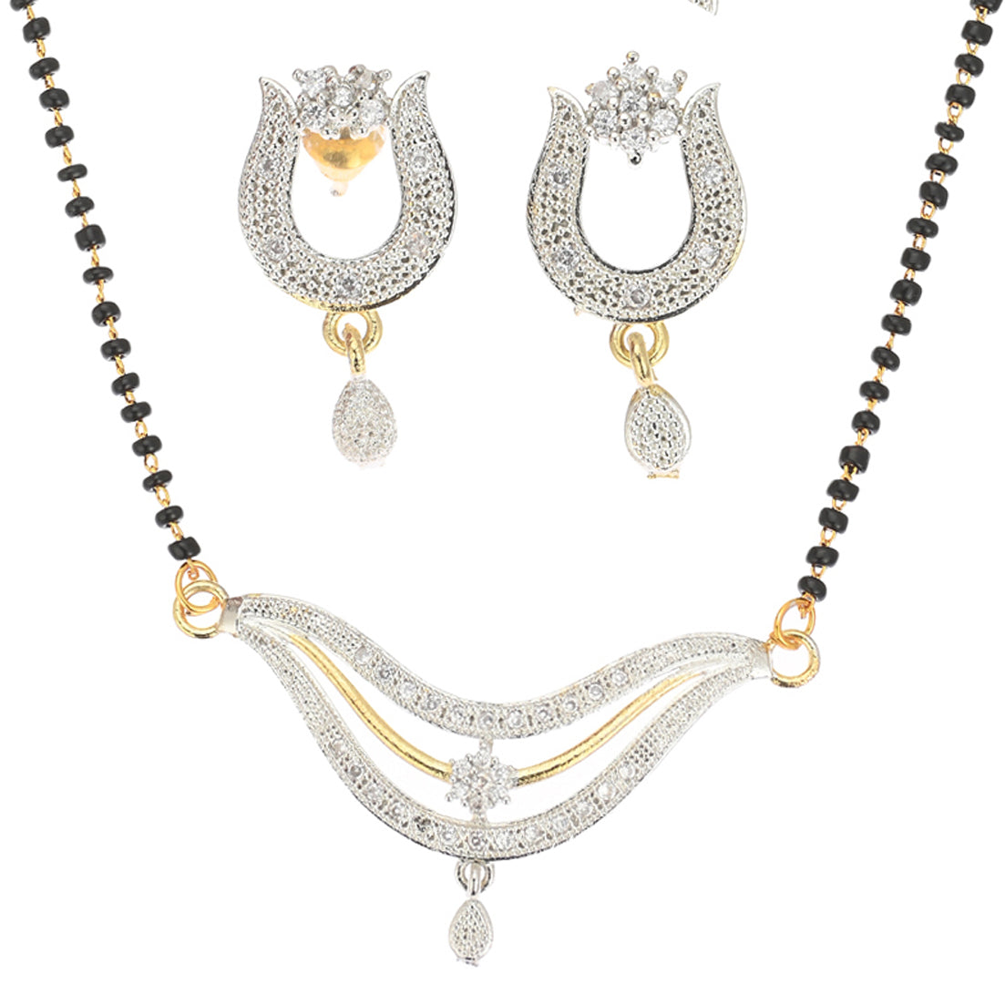 Gold Plated AD Mangalsutra Pendant and Earrings Set with Black Beads Chain
