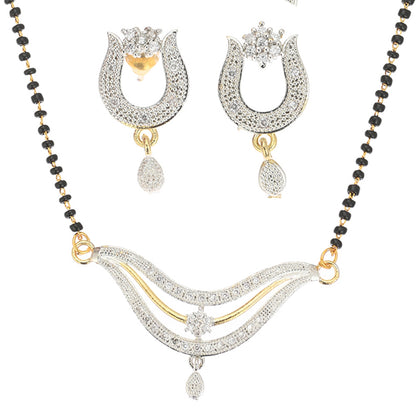 Gold Plated AD Mangalsutra Pendant and Earrings Set with Black Beads Chain