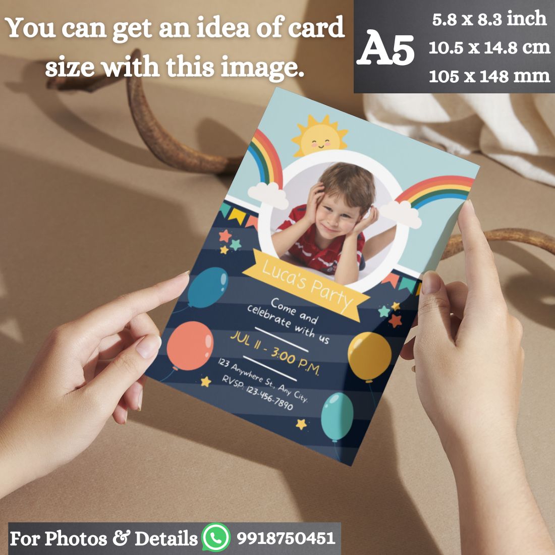 Custom Birthday Invitation Card for Kids with Envelopes | Pack of 12 | One side Printed