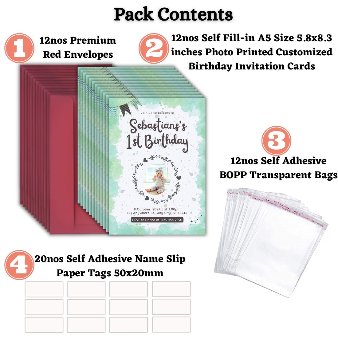 Custom Birthday Invitation Card for Kids with Envelopes | Pack of 12 | One side Printed