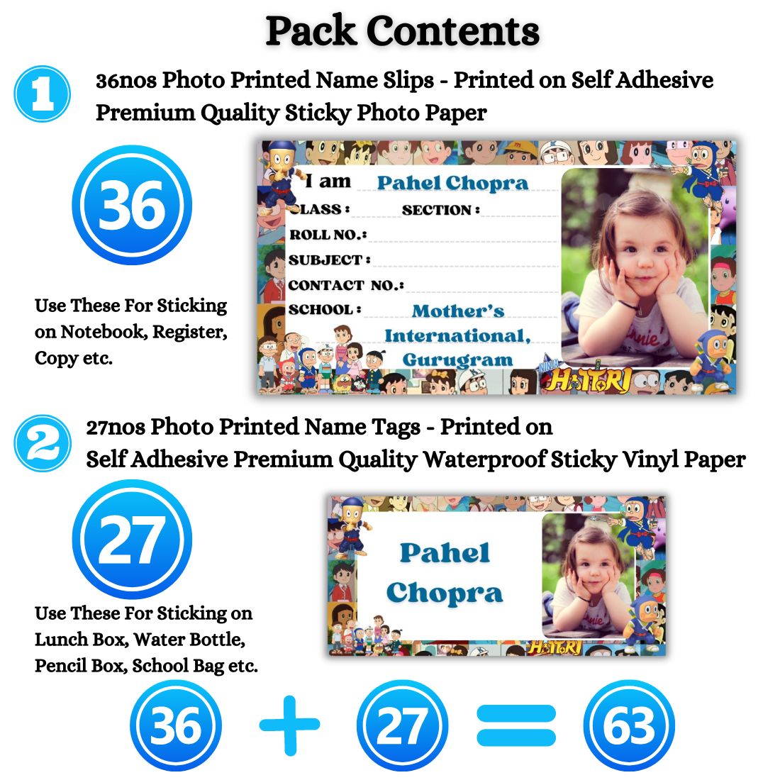 Kids Photo Name Slips & Tags | Pack of 63 | 36 Name Slips & 27 Tags