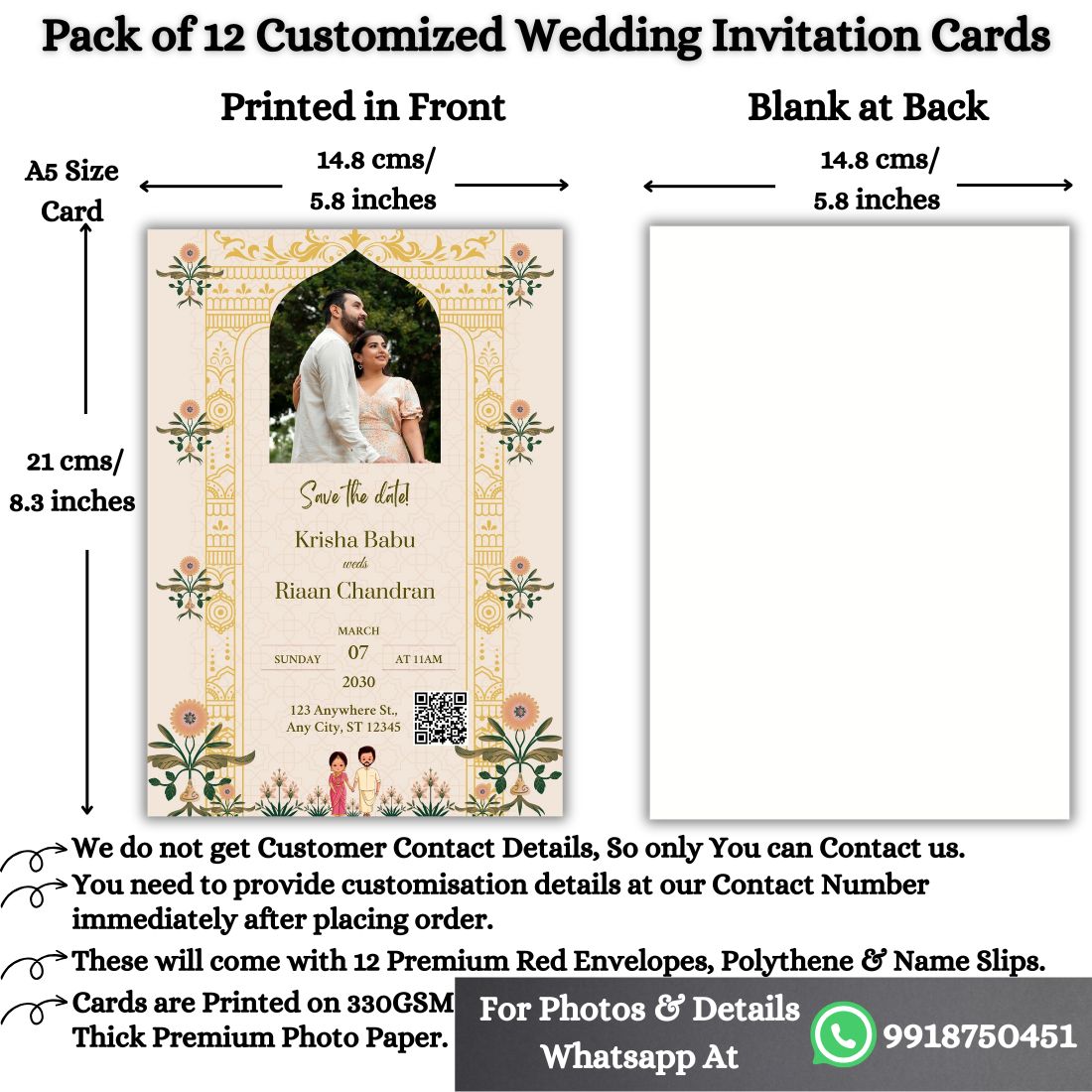 Wedding Invitation Card with Couple Photo | Customised Pack of 12 | One side Printed | Envelopes Included
