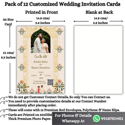Wedding Invitation Card with Couple Photo | Customised Pack of 12 | One side Printed | Envelopes Included