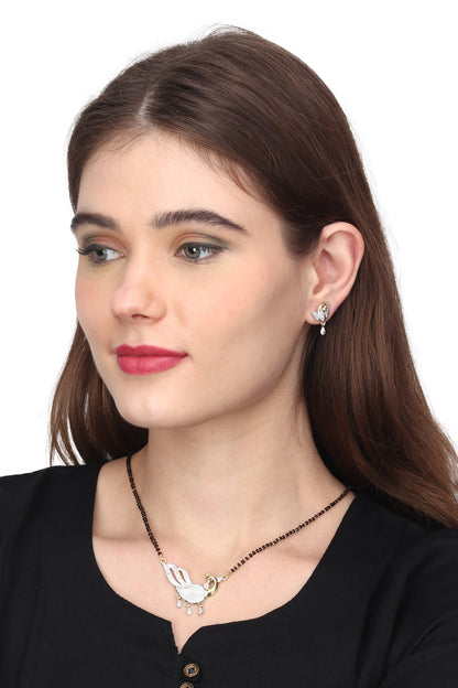 Gold Plated AD Mangalsutra Pendant and Earrings Set with Black Beads Chain